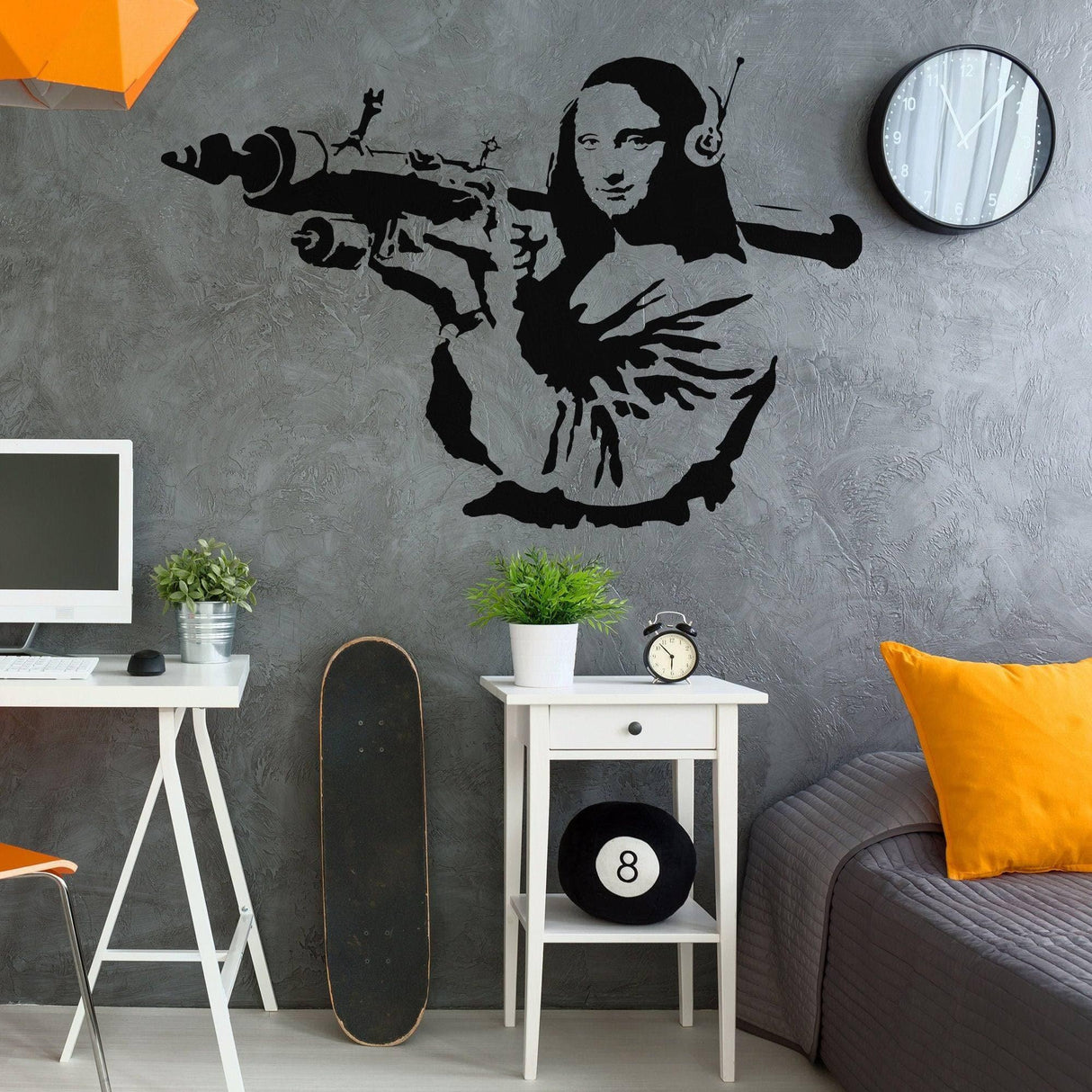 Artistic Mona Lisa wall sticker featuring a unique design with a modern twist, perfect for home decor styling.