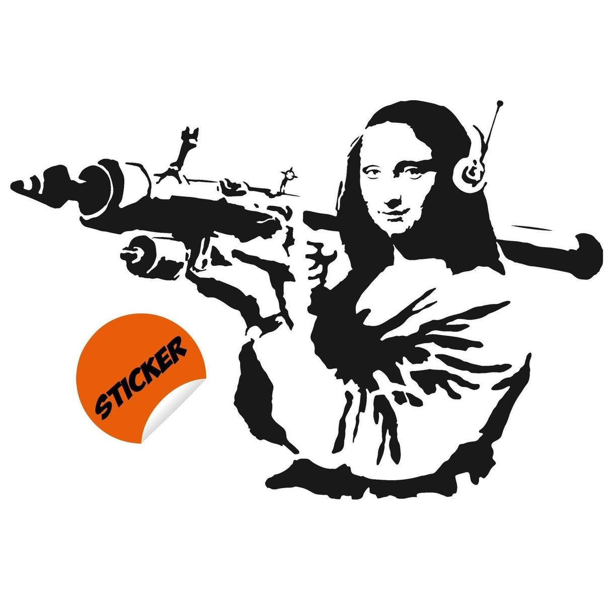 Artistic sticker design featuring Mona Lisa with weapon, delivering a unique blend of classic art and modern expression.