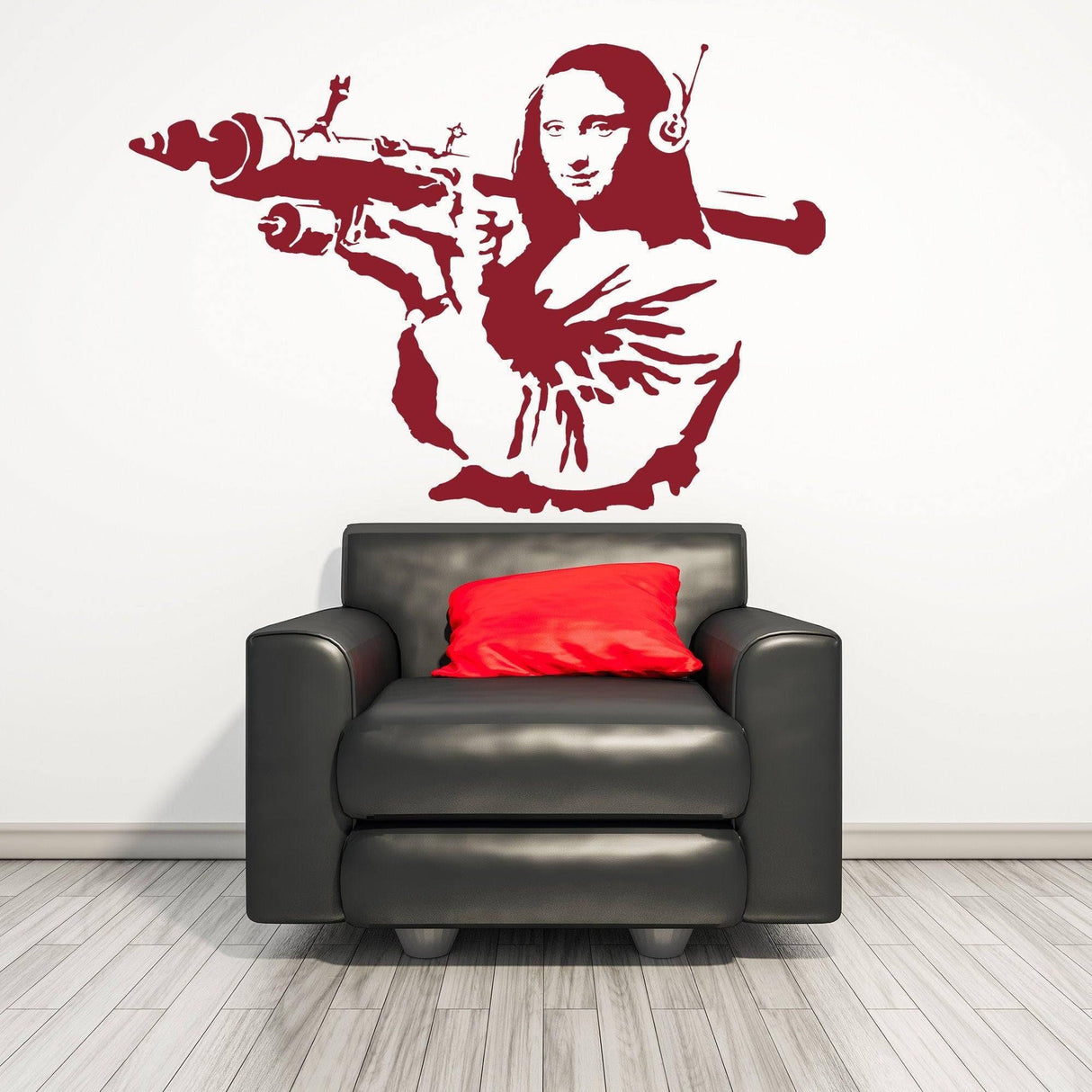 Mona Lisa wall sticker featuring a modern twist with headphones and a playful attitude above a black chair.