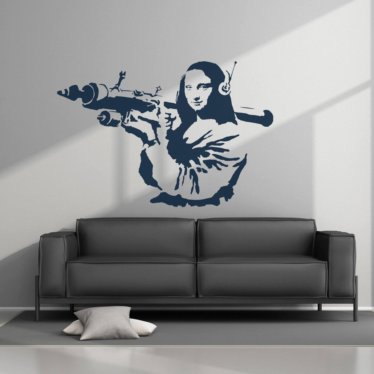 Artistic Mona Lisa wall sticker design with headphones, mounted on a modern wall above a stylish sofa.