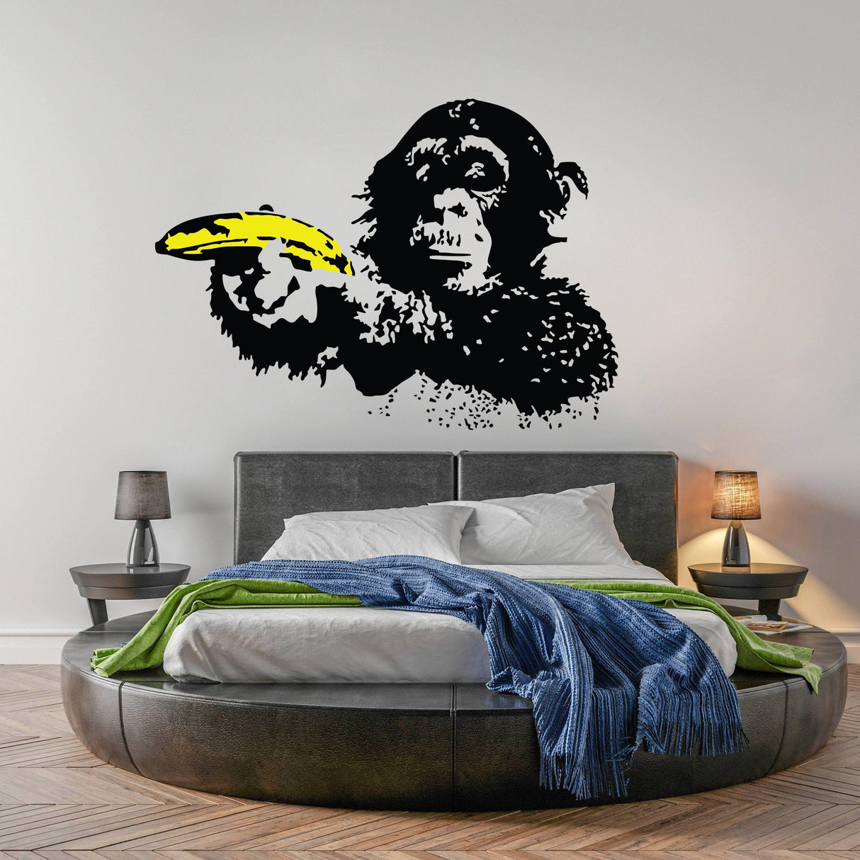 Street Art Chimp Wall Decal featuring a vibrant monkey with a banana on a bedroom wall, perfect for stylish decor.