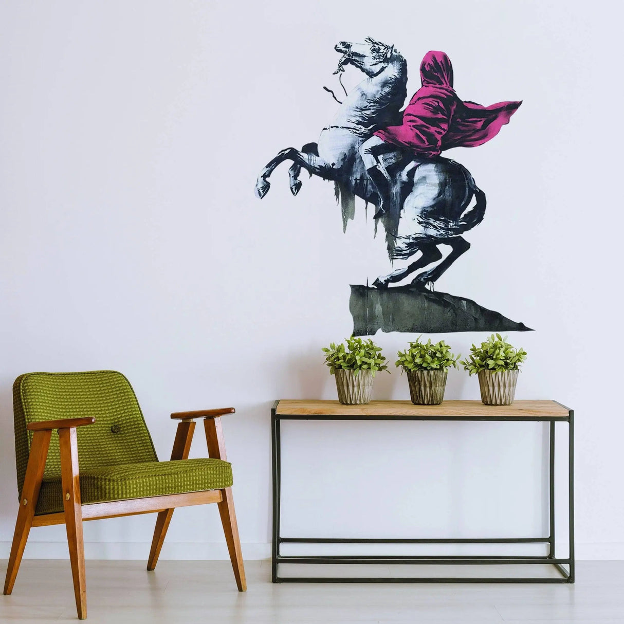 Napoleon vinyl wall art decal in a chic living room, adding artistic flair to home decor with a stylish chair and plants.