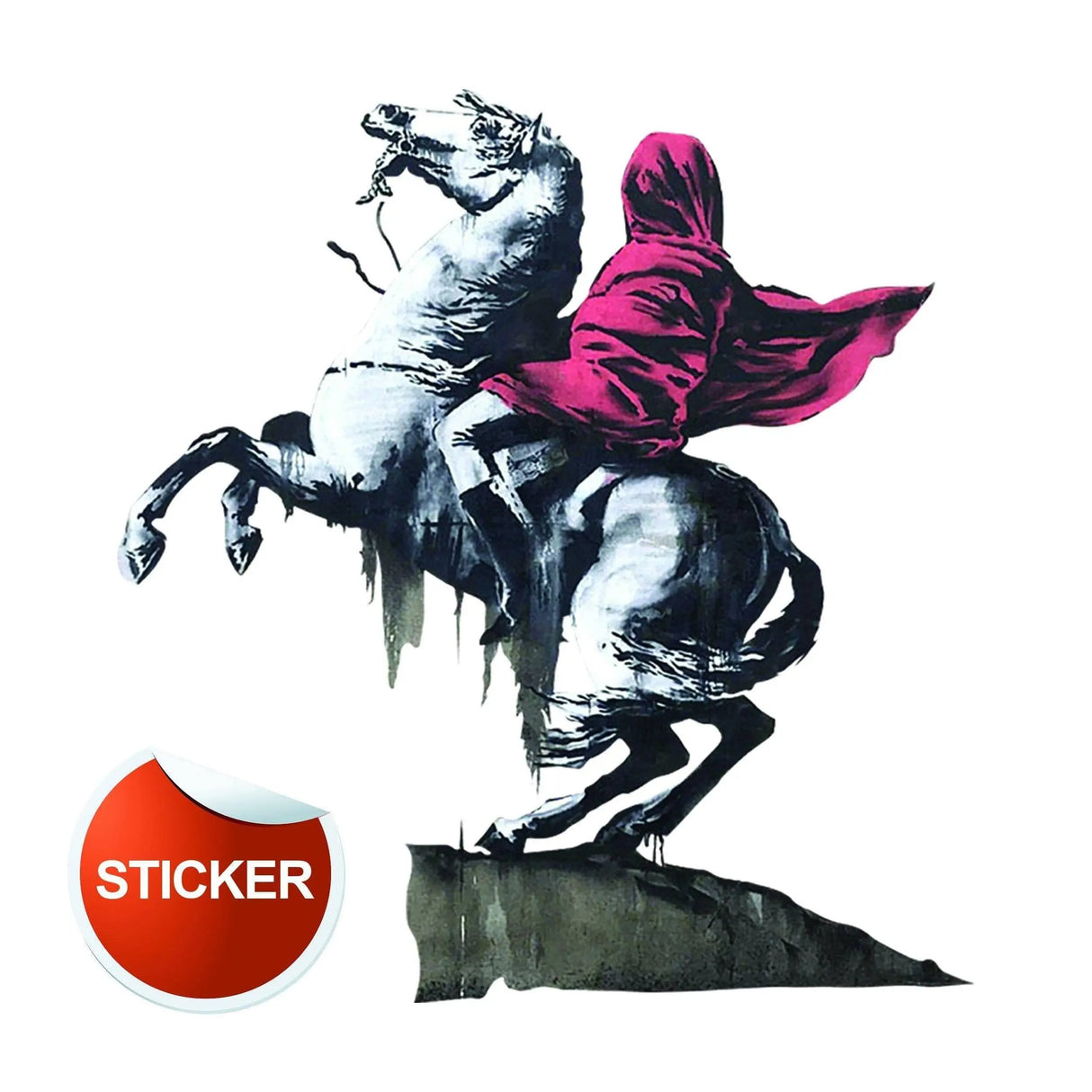 Napoleon vinyl wall art decal showing a horse and rider in a vibrant pink cloak, perfect for artistic home decor.
