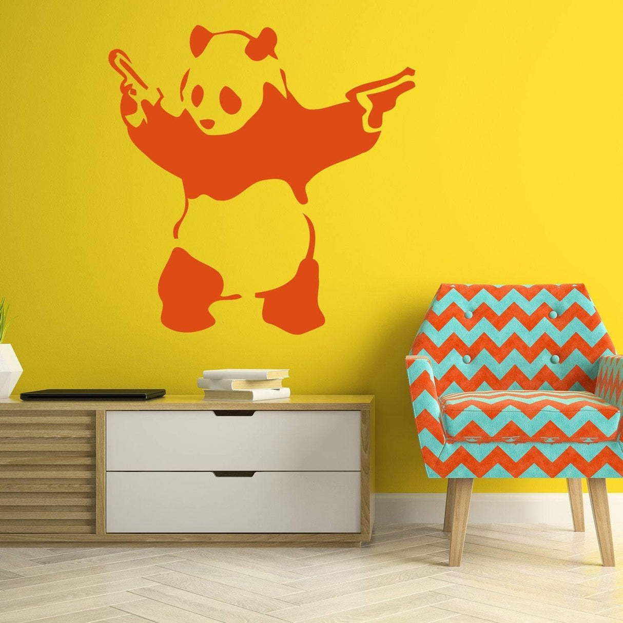 Artistic urban panda wall decal in orange on a vibrant yellow wall, enhancing modern interior design.