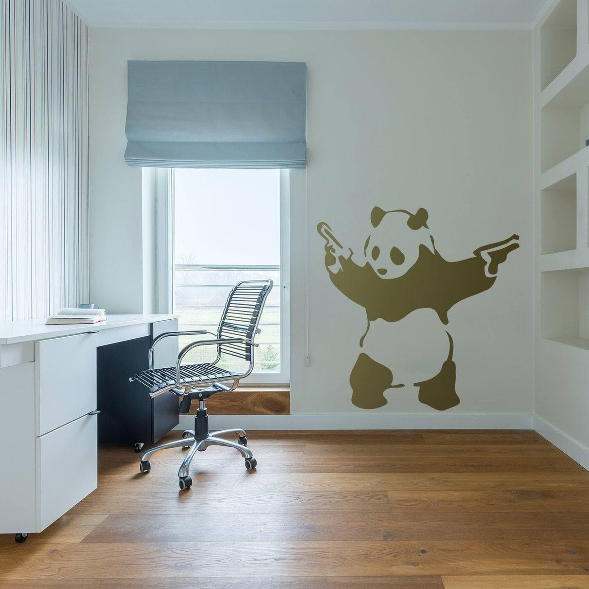 Artistic urban panda wall decal with guns in modern office space, adding unique style to interior design.