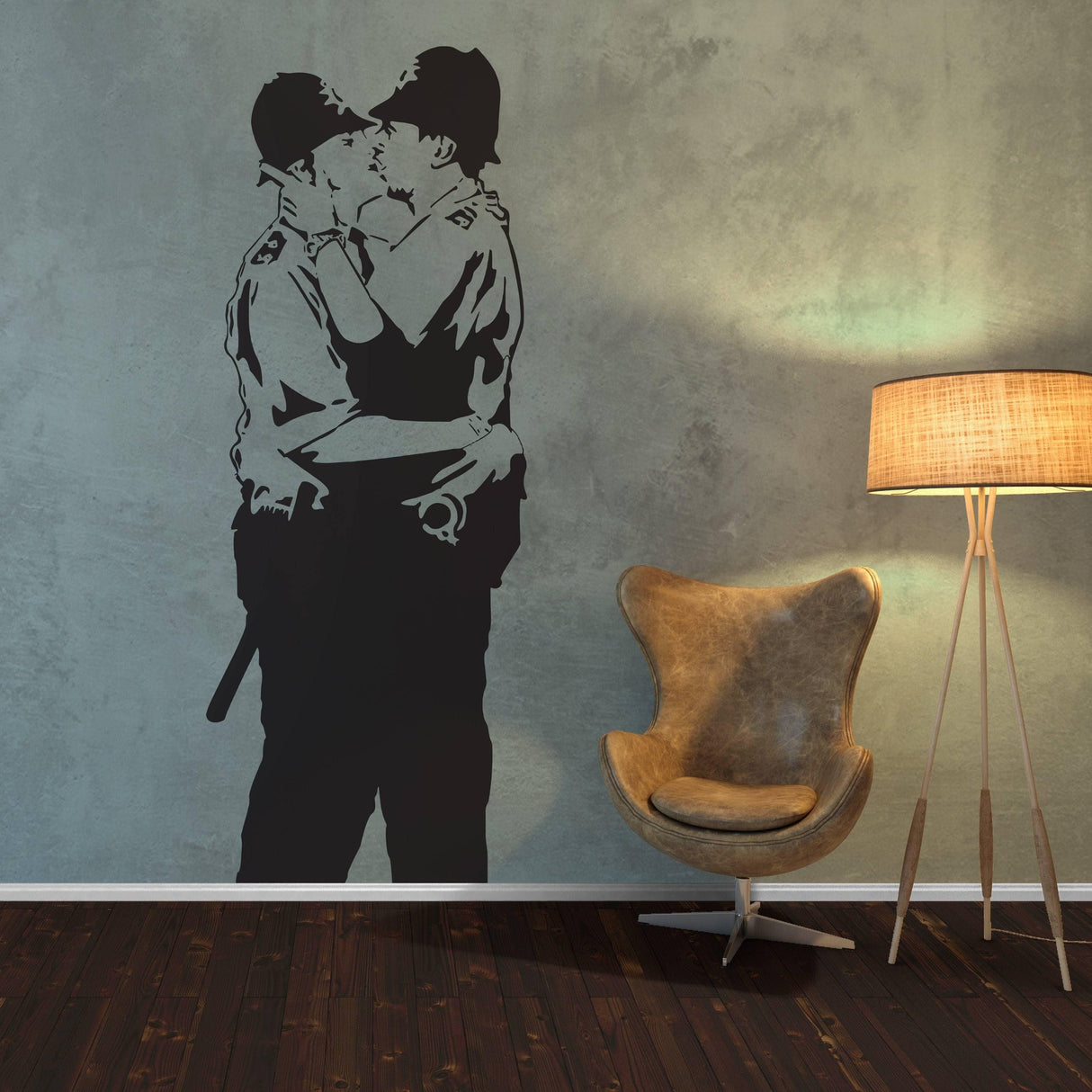 Urban Love Bold Affection wall decal featuring two police officers kissing, enhancing modern decor with urban art.
