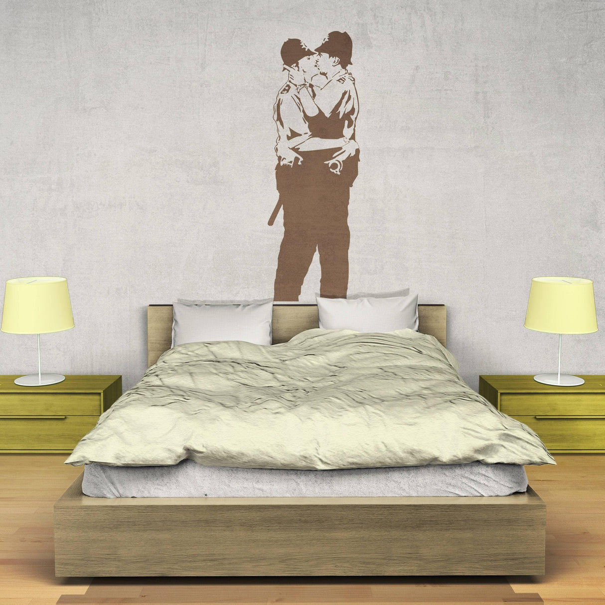 Urban Love Bold Affection wall decal featuring two police officers kissing, adding artistic flair to a modern bedroom.