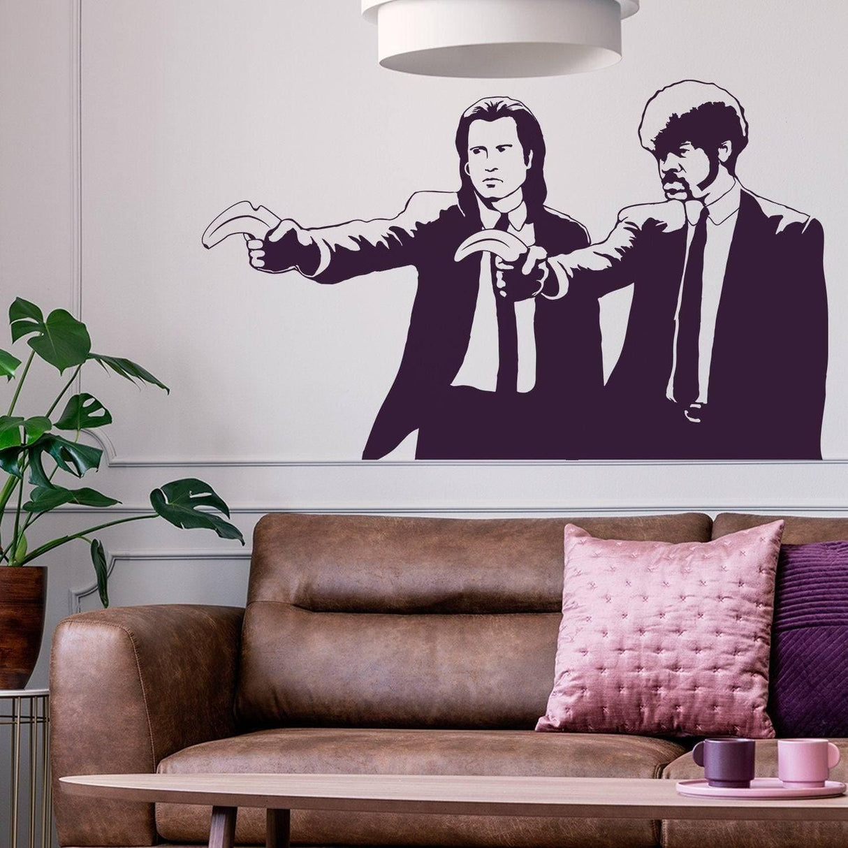 Banksy Pulp Fiction wall art sticker featuring iconic characters in a stylish living room setting.