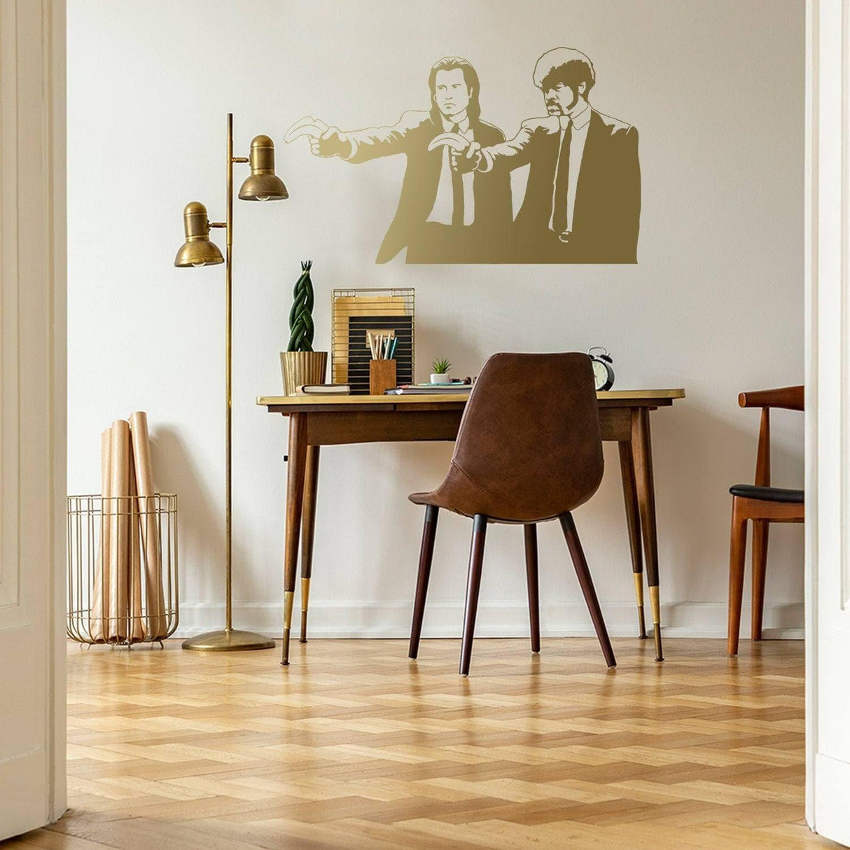 Banksy Pulp Fiction wall art sticker featuring iconic characters, enhancing a stylish home office decor.