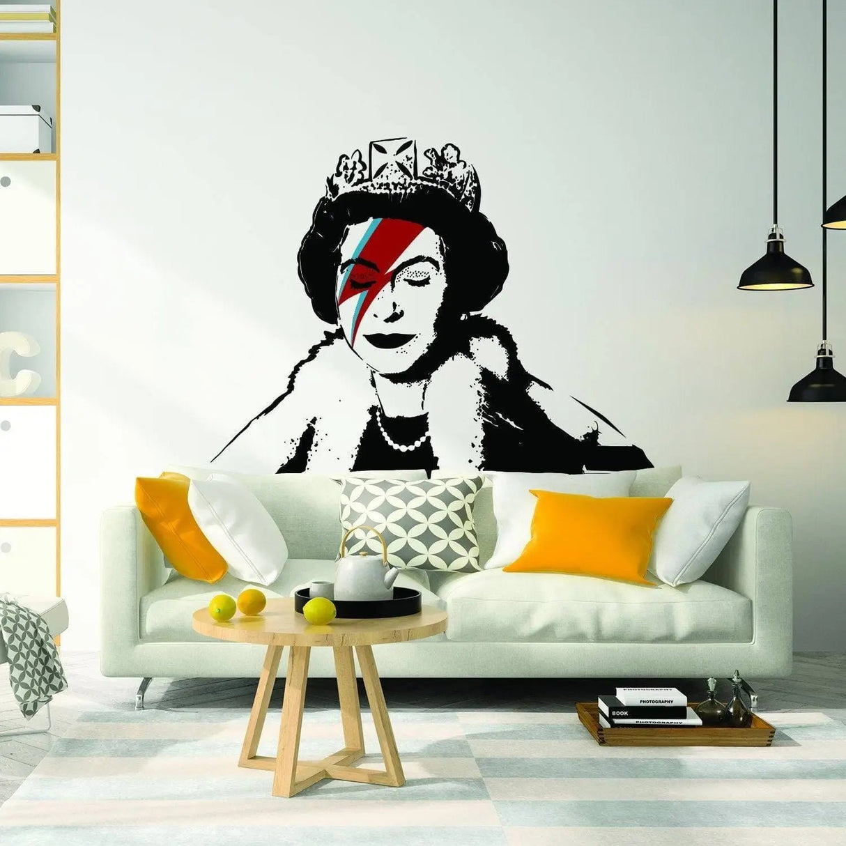 Regal vinyl sticker depicting a stylized queen with a lightning bolt design, perfect for modern interior decor.