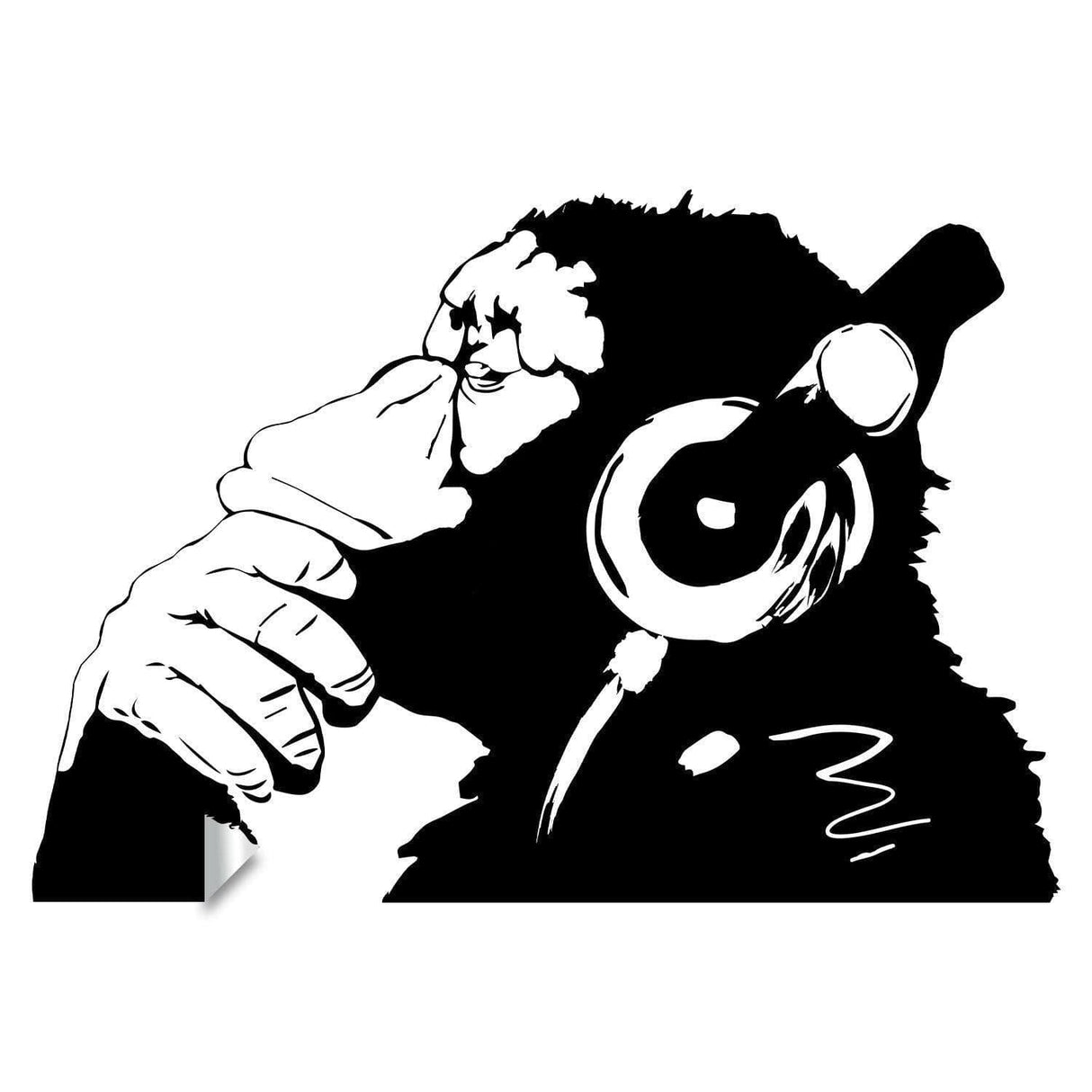 Contemplative primate wall art sticker featuring a monkey with headphones, ideal for home decor and art enthusiasts.