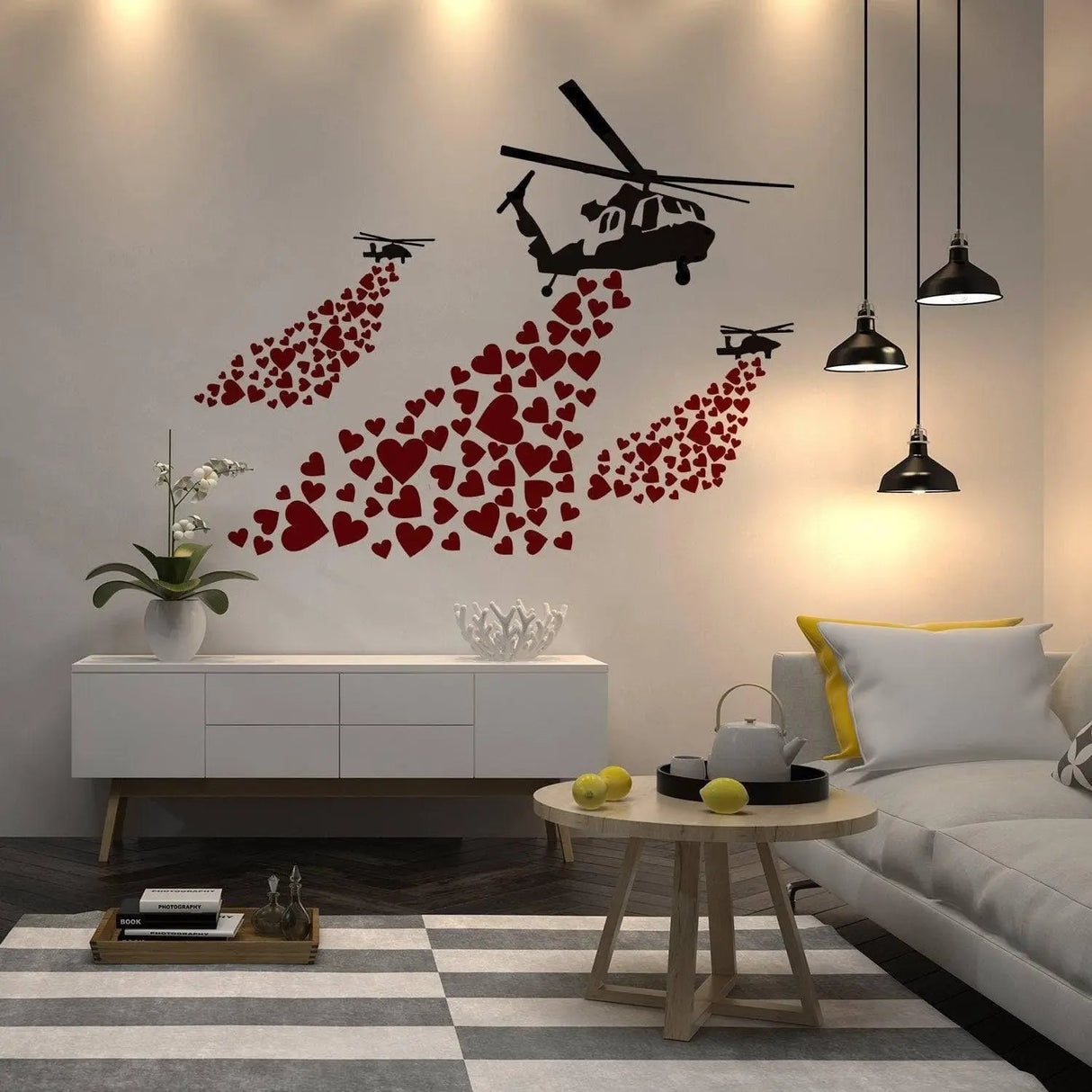 Urban Love helicopter wall decal with red hearts, perfect for adding street art style to any space.