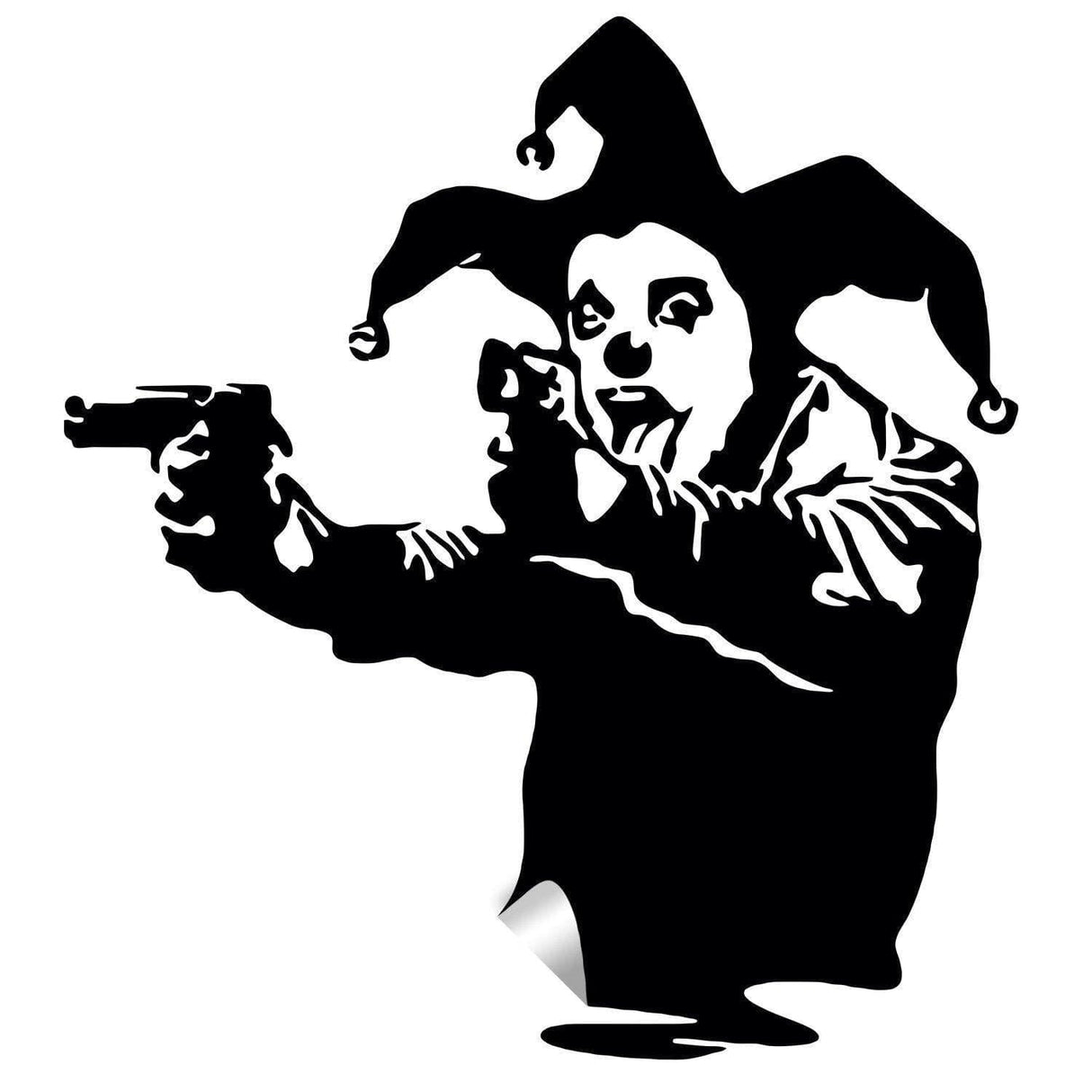 Joker clown wall decal vinyl sticker with a gun, featuring vibrant street art design for room decor.