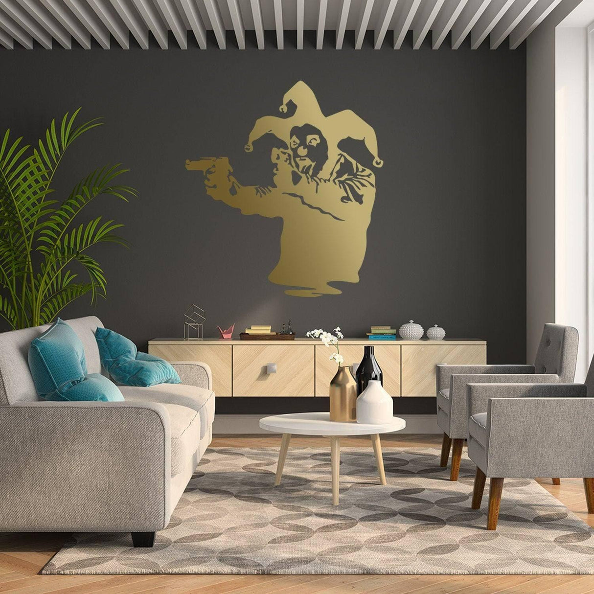 Joker clown wall decal in gold on dark wall, adding a striking street art vibe to modern living room decor.