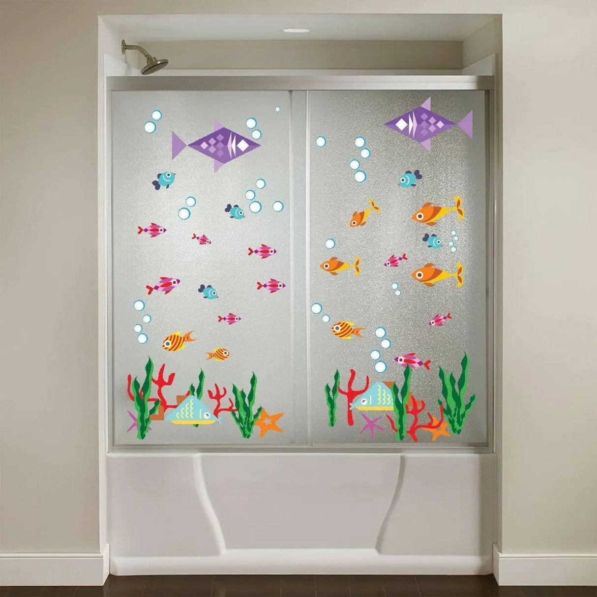 Colorful fish and bubbles vinyl decals on a shower door, creating a whimsical underwater scene.