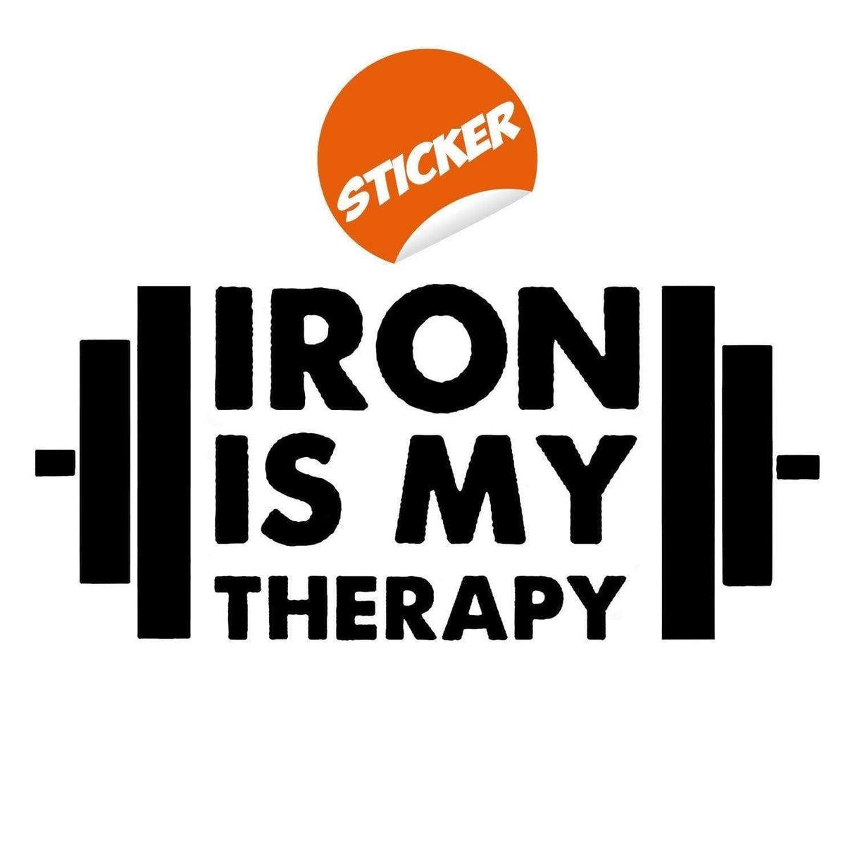Inspirational fitness wall art sticker featuring the phrase 'Iron is My Therapy' with weightlifting imagery.