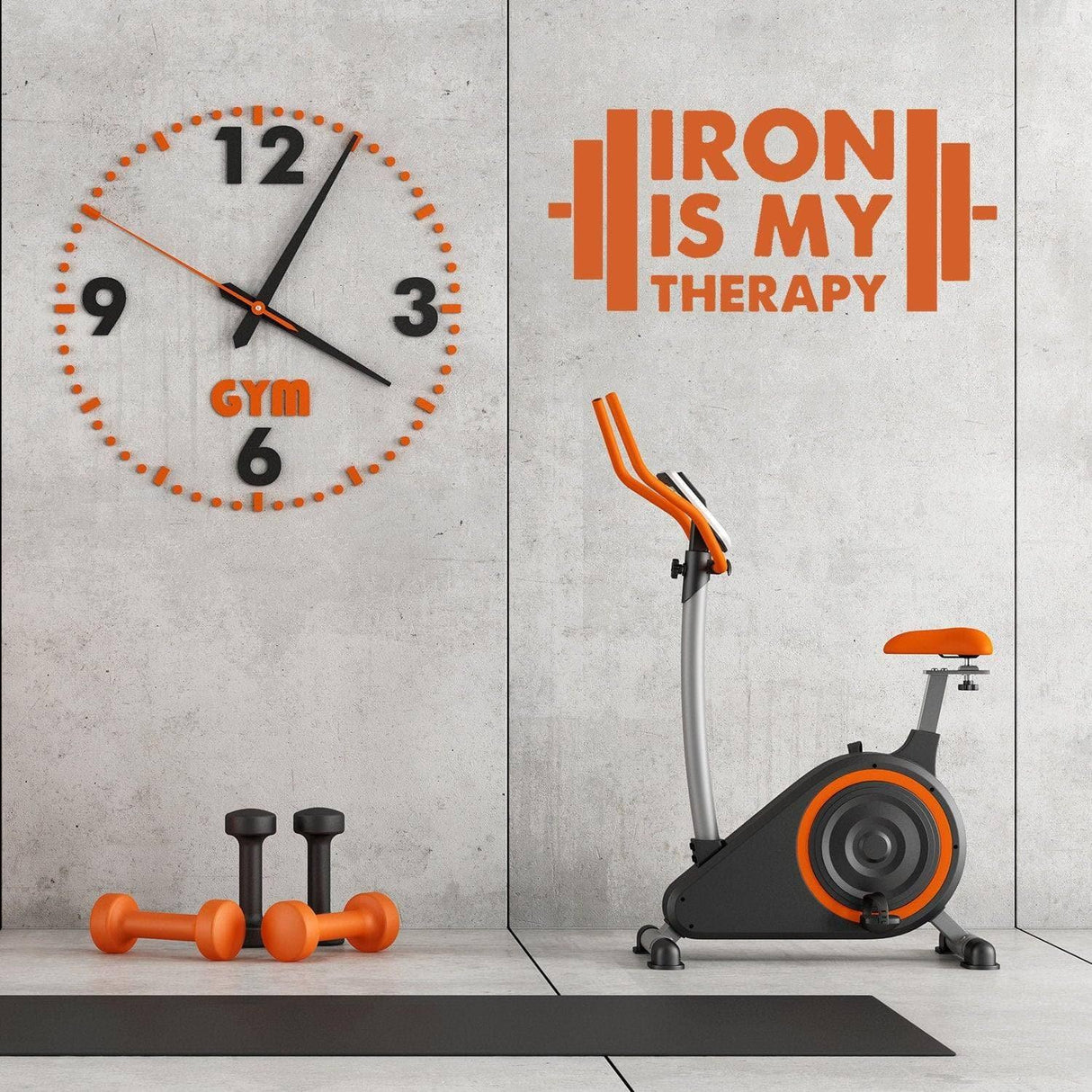 Inspirational fitness decor with 'Iron is My Therapy' wall art, exercise bike, dumbbells, and gym clock.
