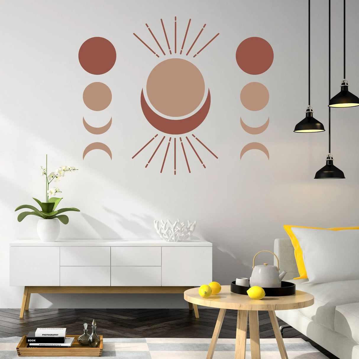 Bohemian crescent and moon phases wall art decal in a stylish living room with modern decor.