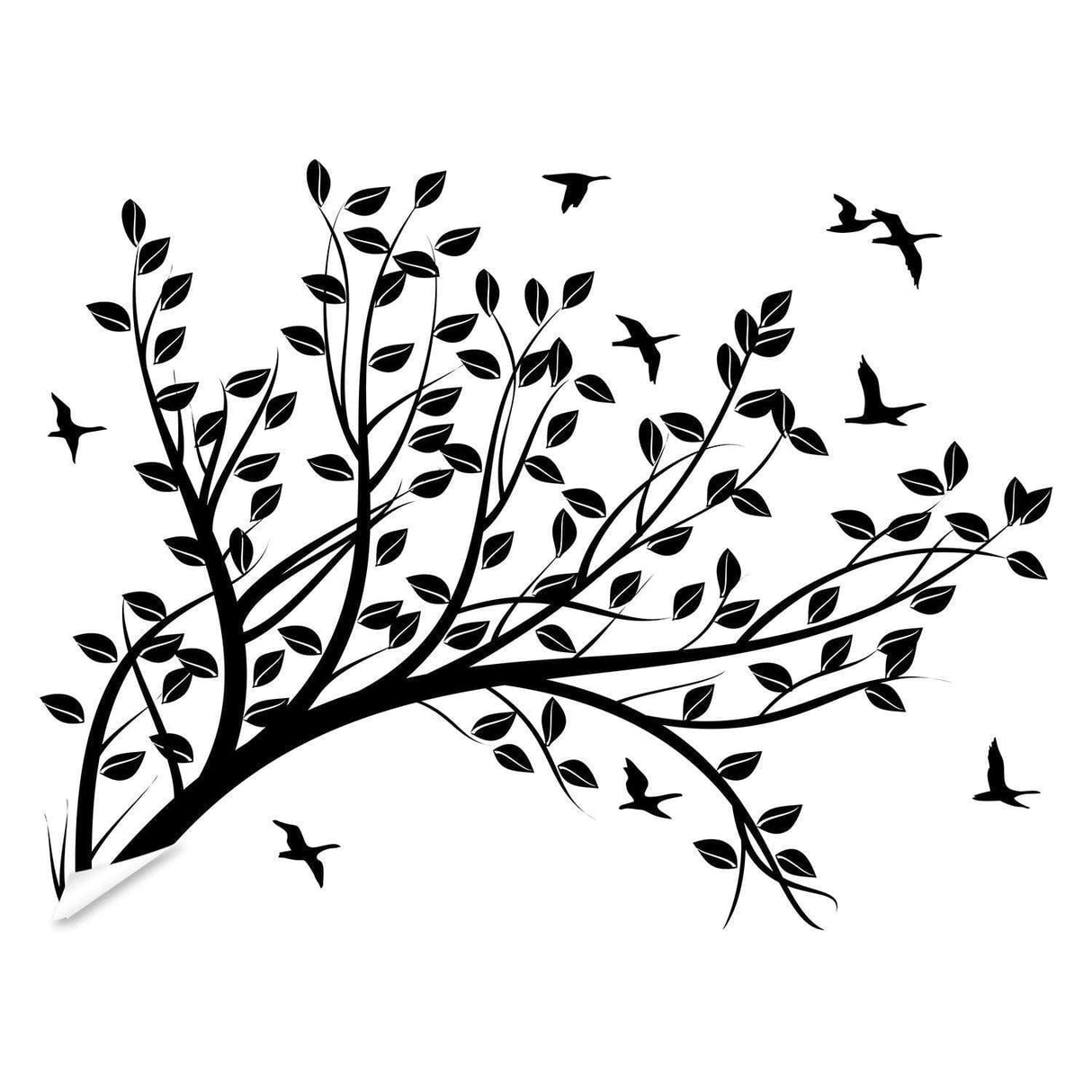 Black abstract tree branch wall sticker with leaves and birds, perfect for whimsical indoor decoration.