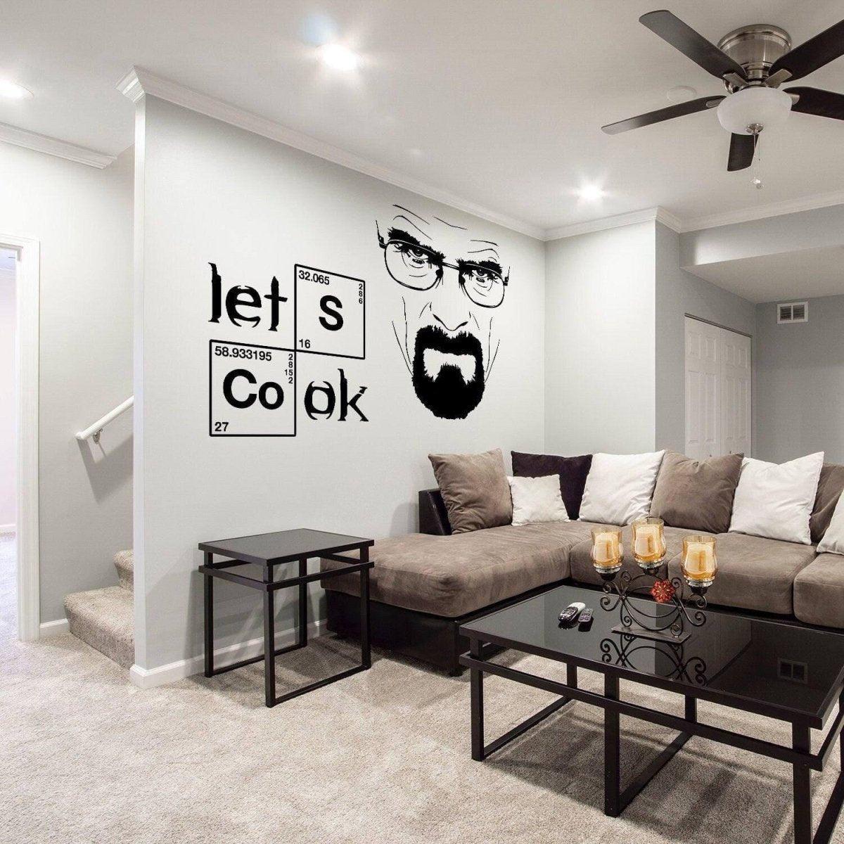 Breaking Bad themed kitchen wall sticker decal featuring 'Let's Cook' design in a modern living space.