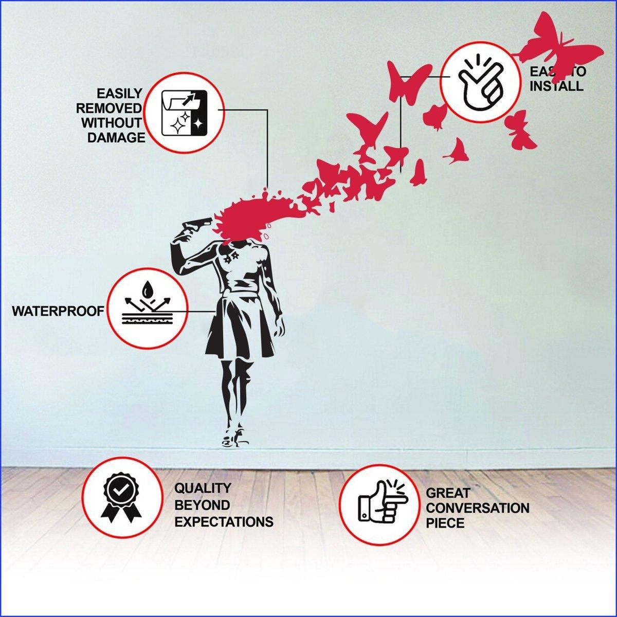 Banksy-inspired street art wall decal featuring a girl with butterflies, showcasing installation benefits and quality.