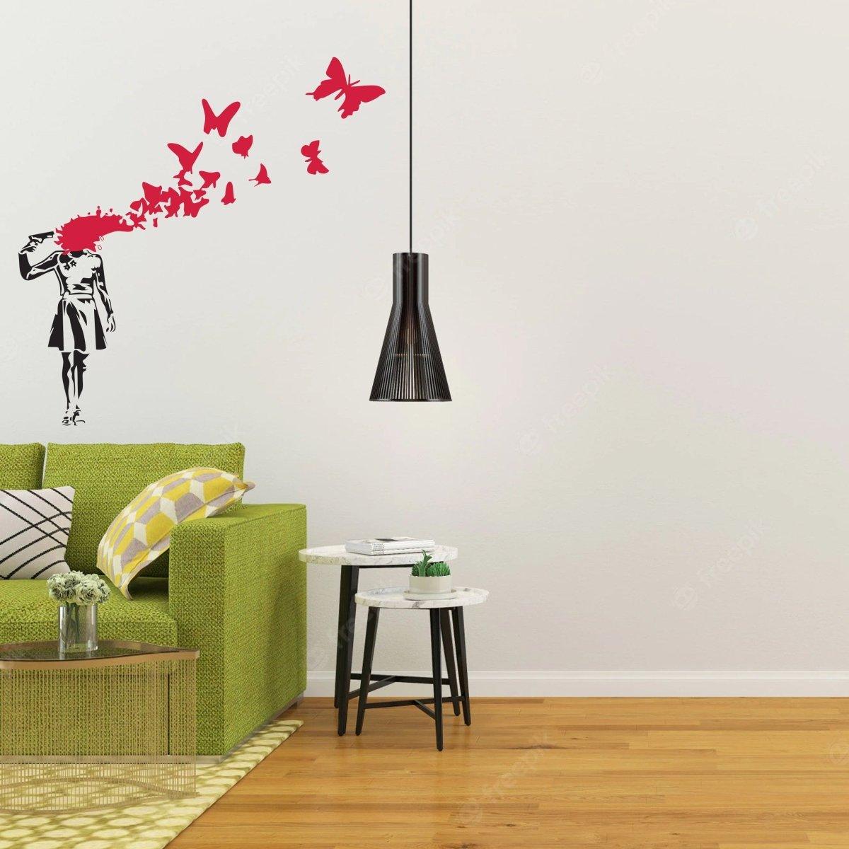 Emotional Butterfly Girl wall decal above a green couch, enhancing modern living space with street art vibes.