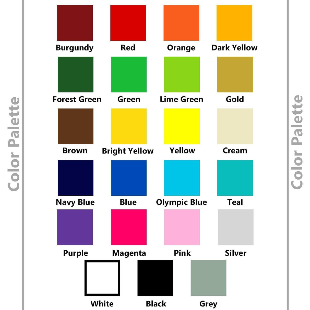 Color palette of 36 wall sticker shades including burgundy, red, orange, and vibrant greens.