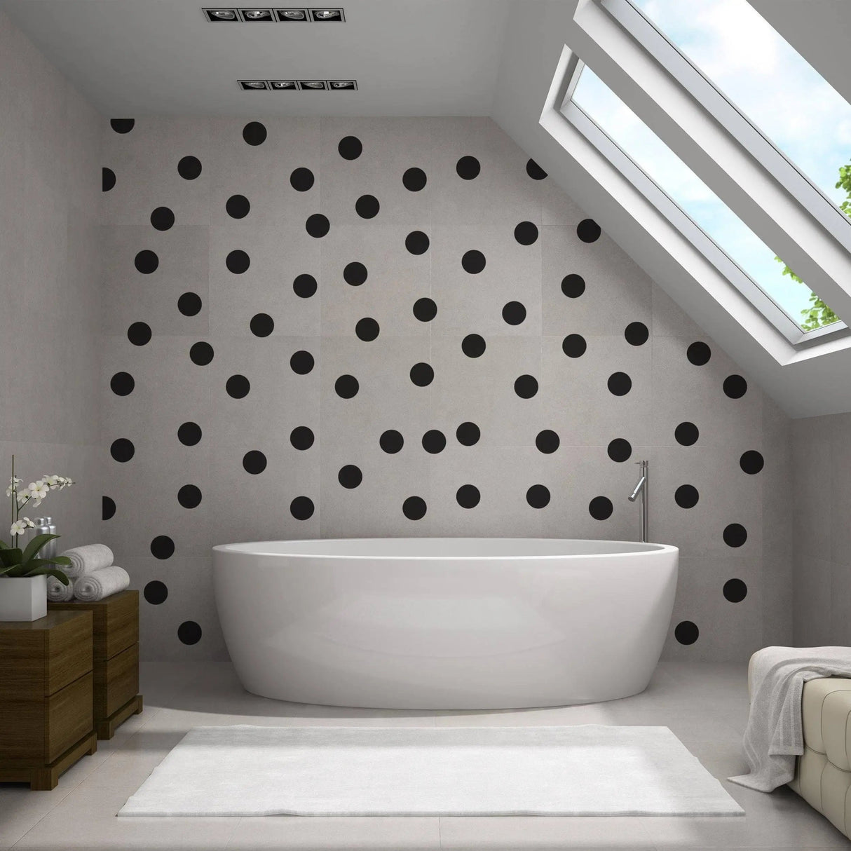 Modern bathroom featuring black circle wall stickers on gray wall, showcasing a stylish, creative decor.