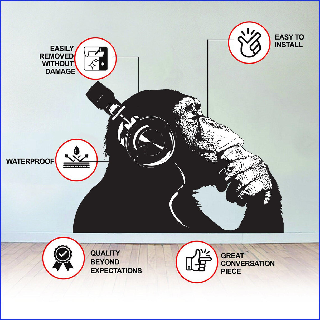 Cool thinking monkey wall sticker with headphones, features waterproof, easy to install, and removable without damage.