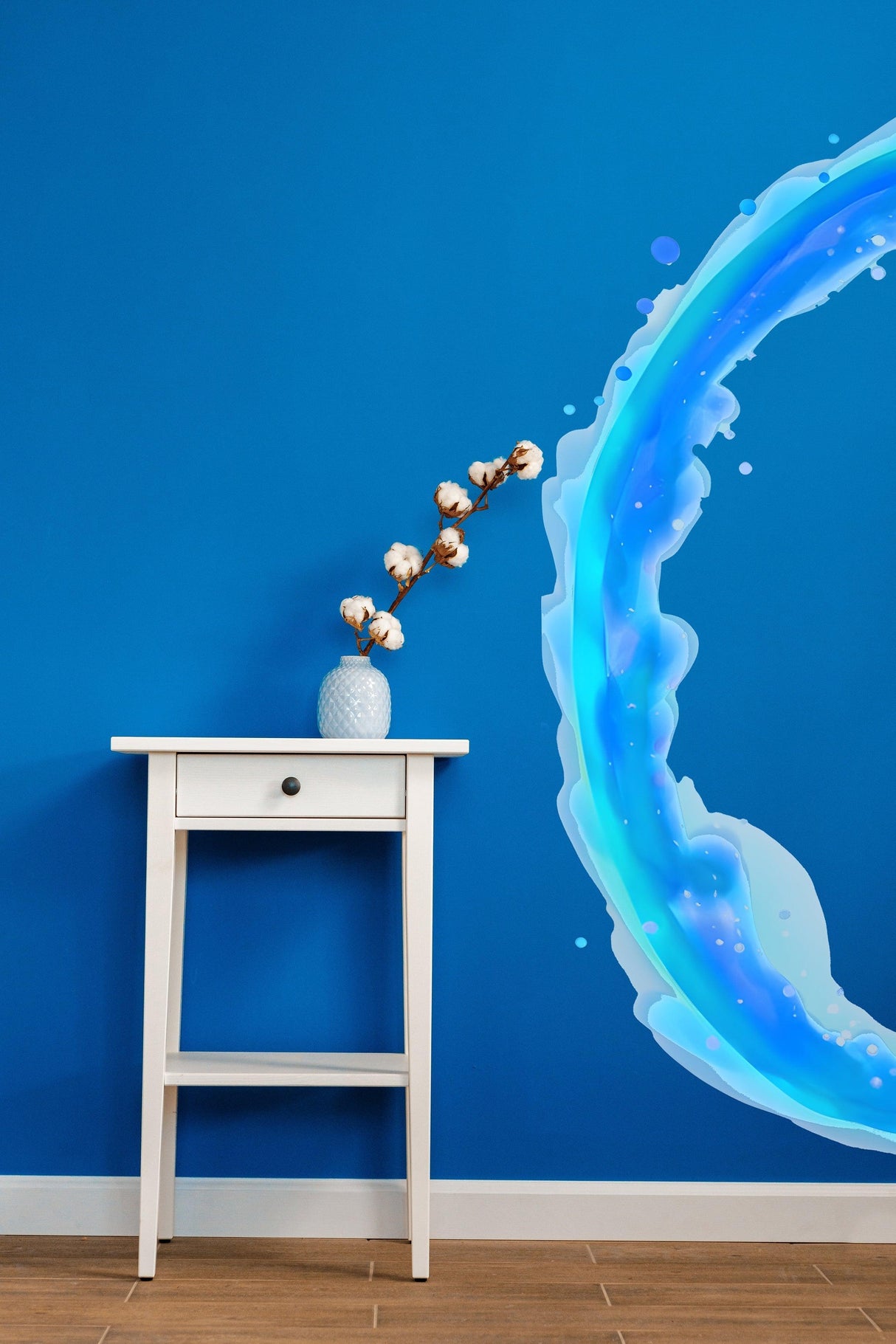 Blue and orange portal aura wall sticker near a white side table with floral decor in a vibrant room.