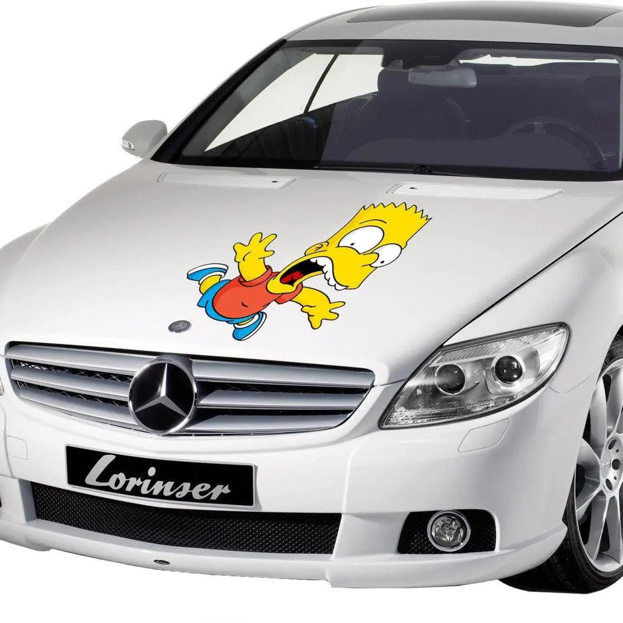 Custom car hood decal featuring animated character design on a sleek white Mercedes.