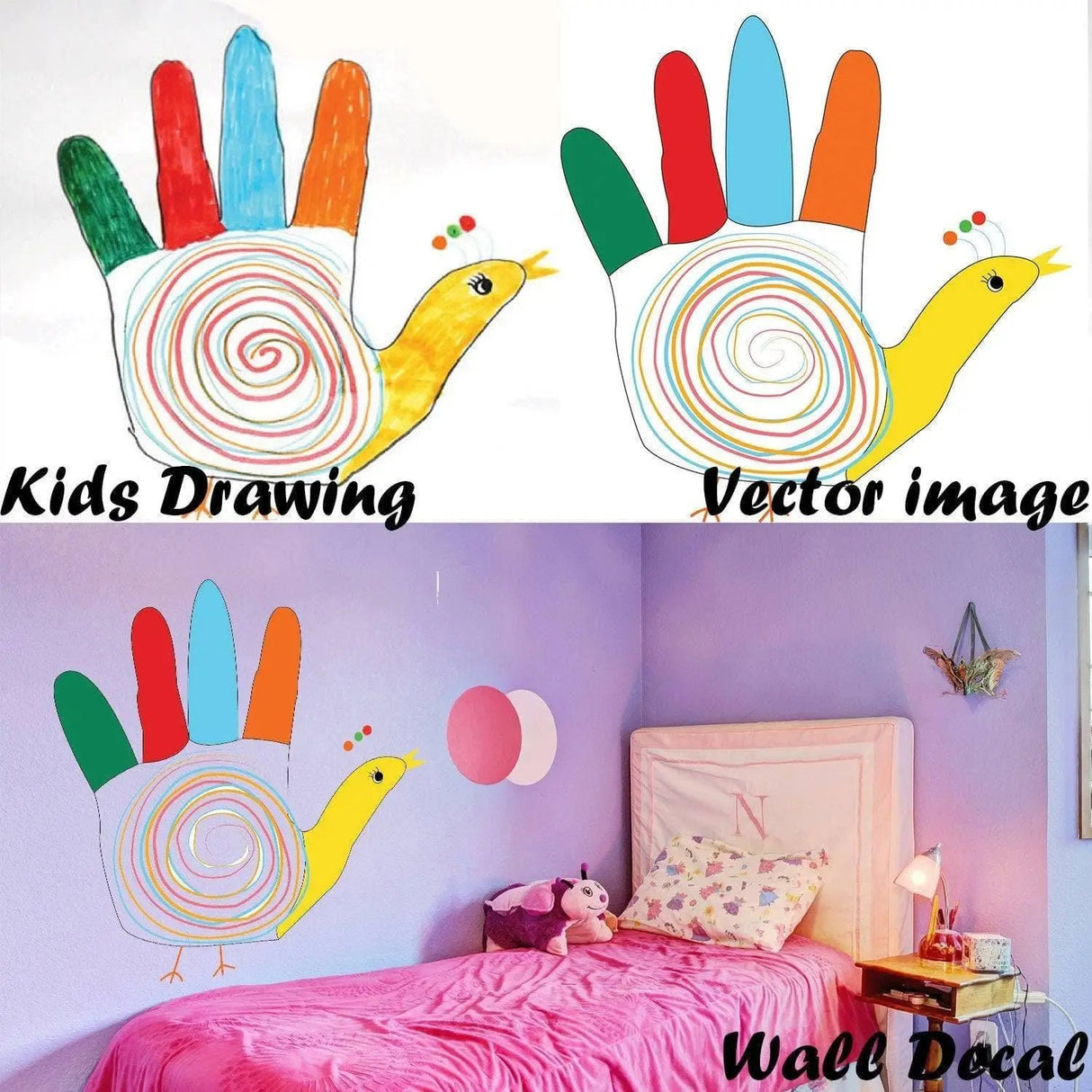 Kids drawing and vector image of a colorful snail wall decal in a child's bedroom.