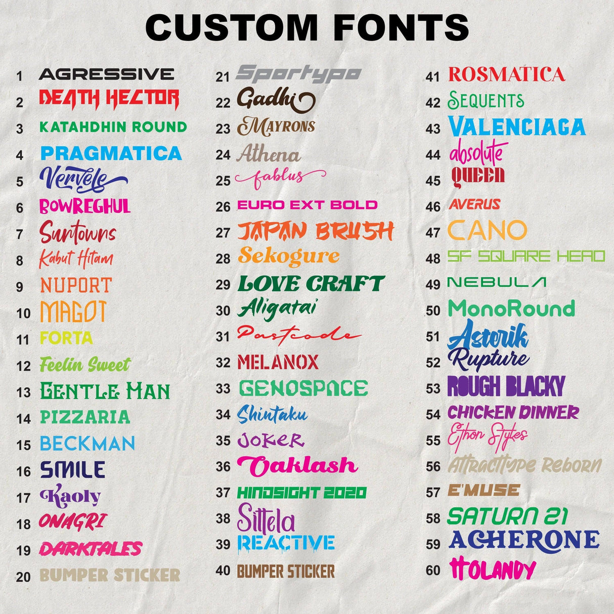 Display of custom font options for T-shirt designs, featuring vibrant styles and creative names.