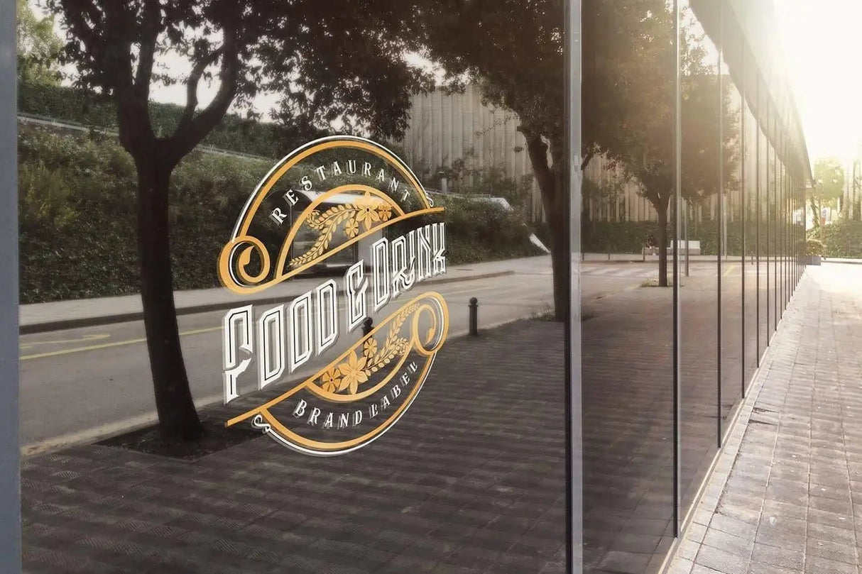 Stylish window decal displaying 'Food & Drink' for a restaurant branding, enhancing storefront appeal.