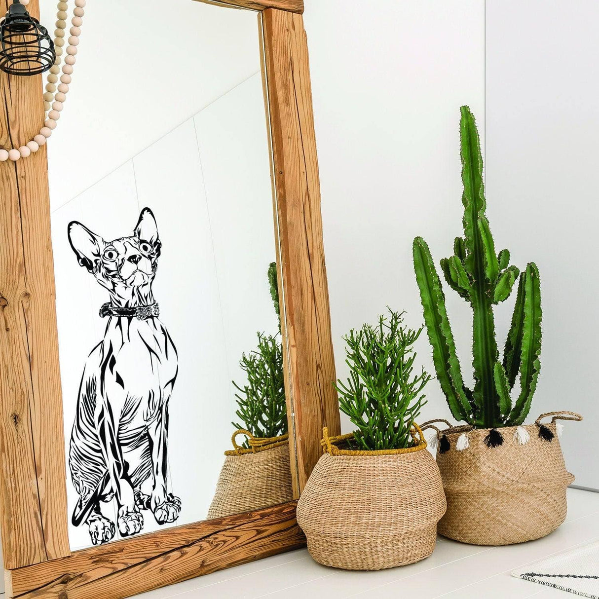 Custom pet artwork wall sticker of a Sphynx cat reflected in a mirror with stylish potted plants.