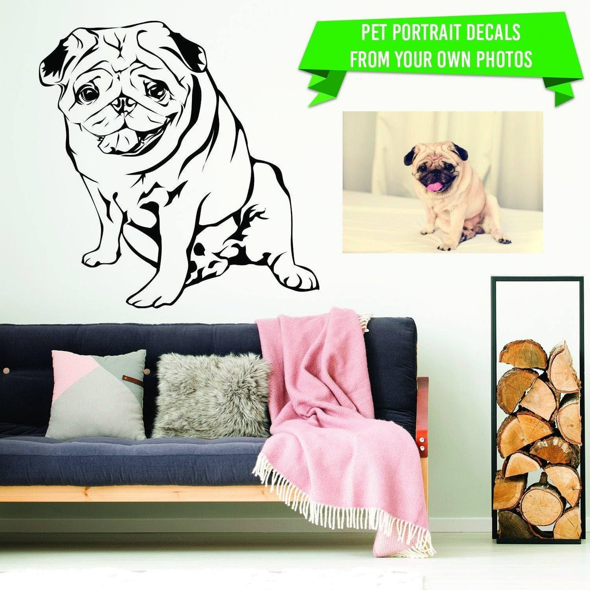 Customizable pet portrait vinyl decal of a pug on wall above a cozy couch, celebrating furry friends' personalities.