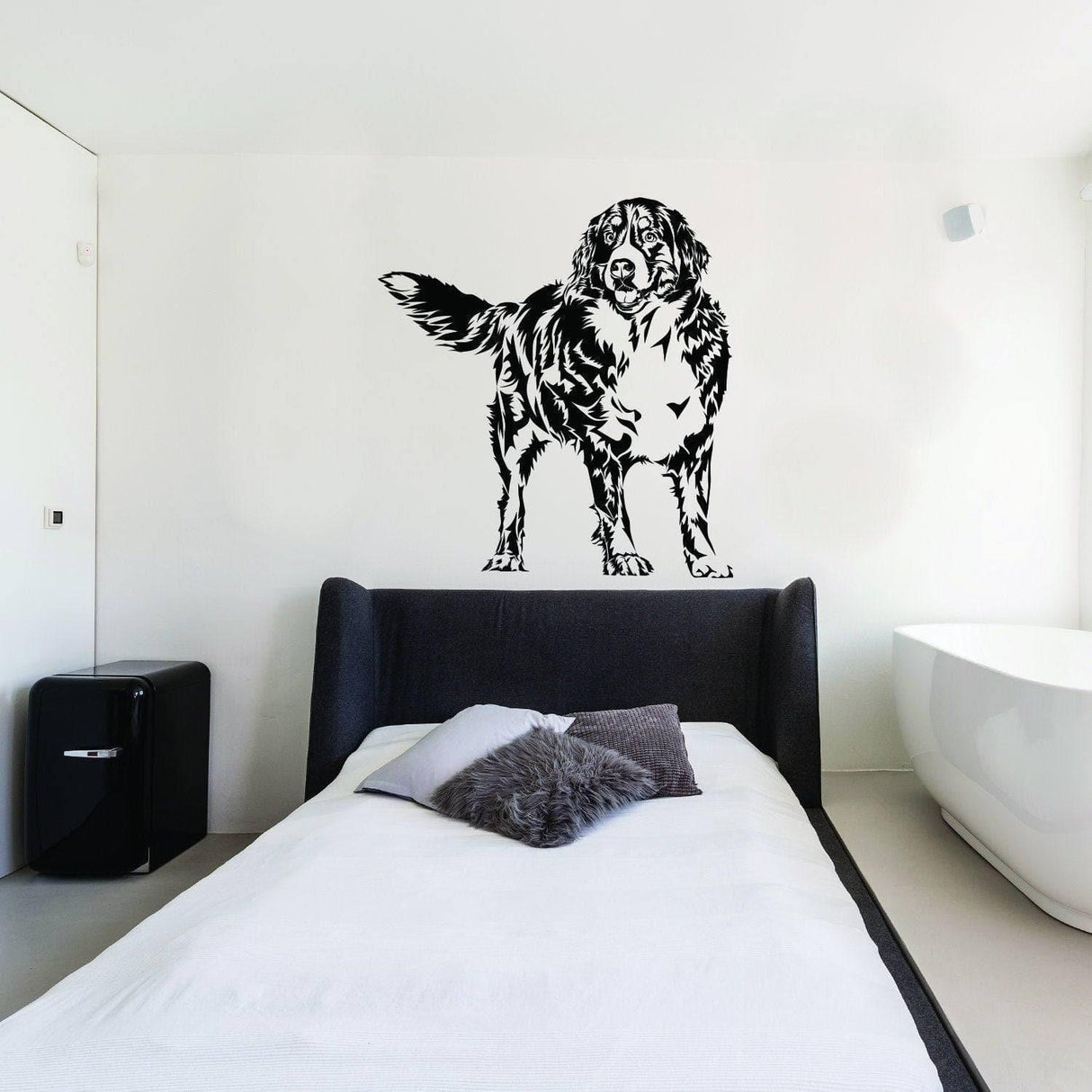 Customizable black dog wall decal in modern bedroom decor, showcasing personalized pet art.