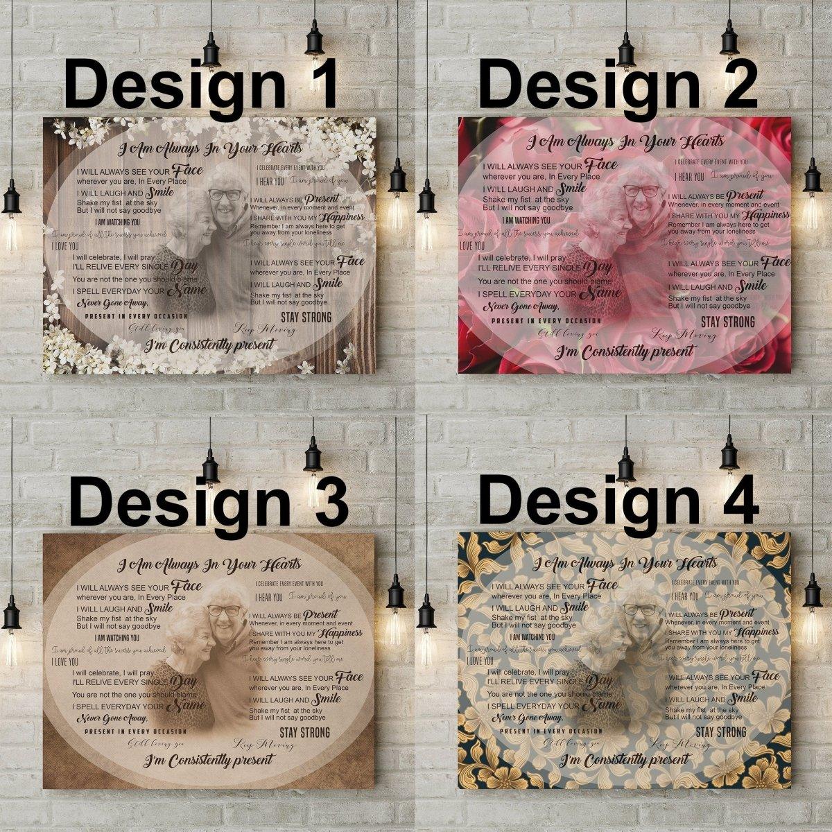Four designs of a personalized memorial canvas featuring heartfelt tributes in elegant styles.