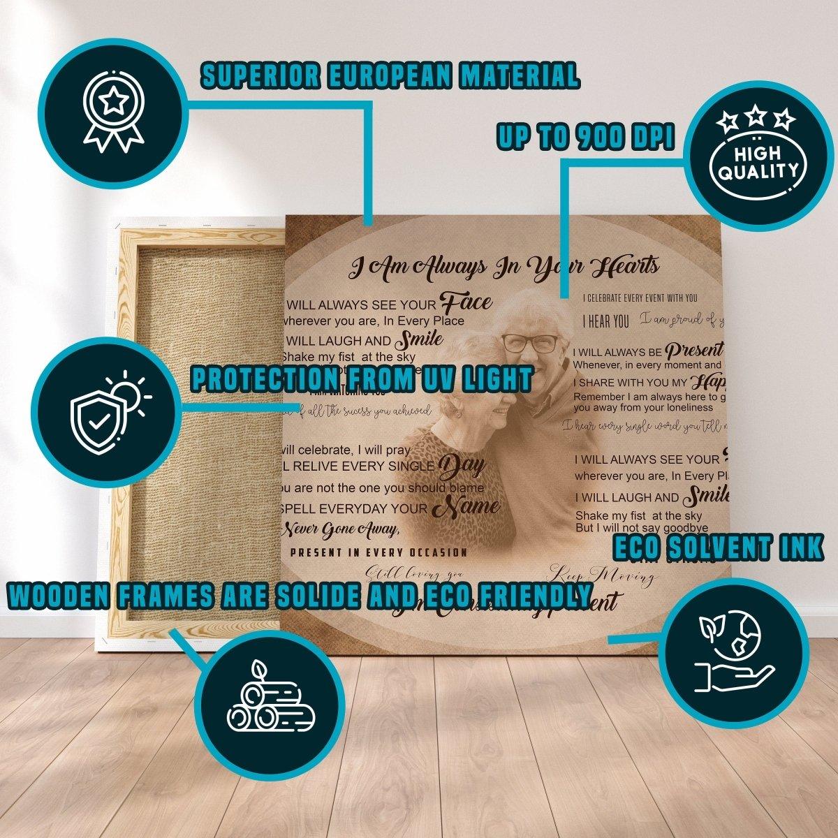 Custom memorial canvas showing heartfelt tribute details and eco-friendly features.