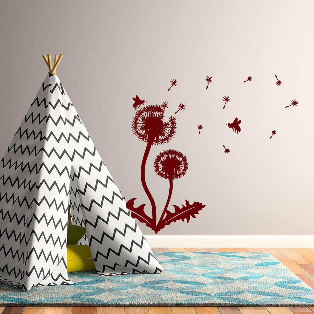 Dandelion vinyl sticker decal on a wall beside a patterned teepee, adding a botanical touch to the interior decor.