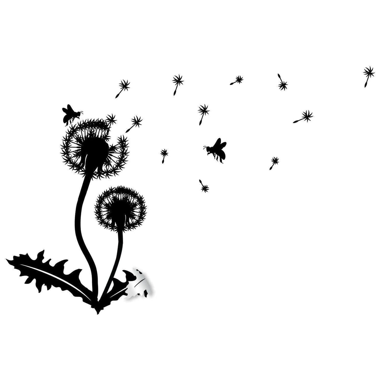 Black dandelion vinyl sticker decal with flying seeds, perfect for botanical wall art decoration.