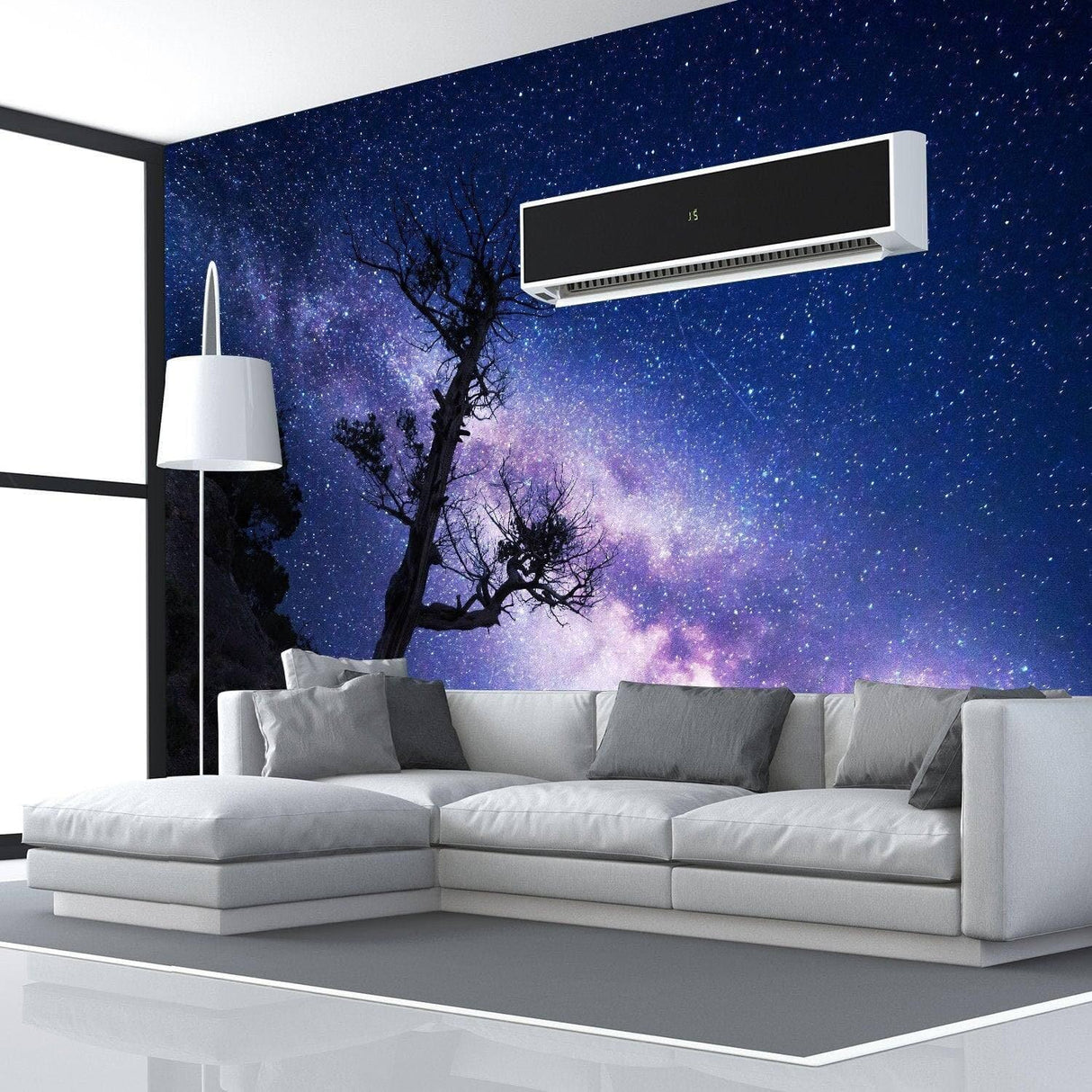 Stylish living room with a galaxy mural wall art, featuring a modern couch and a sleek lamp under a starry sky.