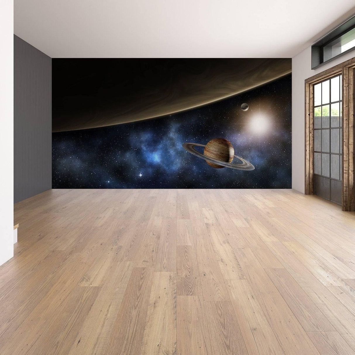 3D galaxy wall mural featuring Saturn and cosmic scenery, perfect for a universe-themed room transformation.