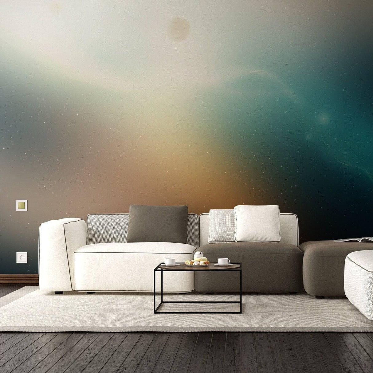 Modern living room with a stunning galaxy-themed wall mural creating an out-of-this-world atmosphere.