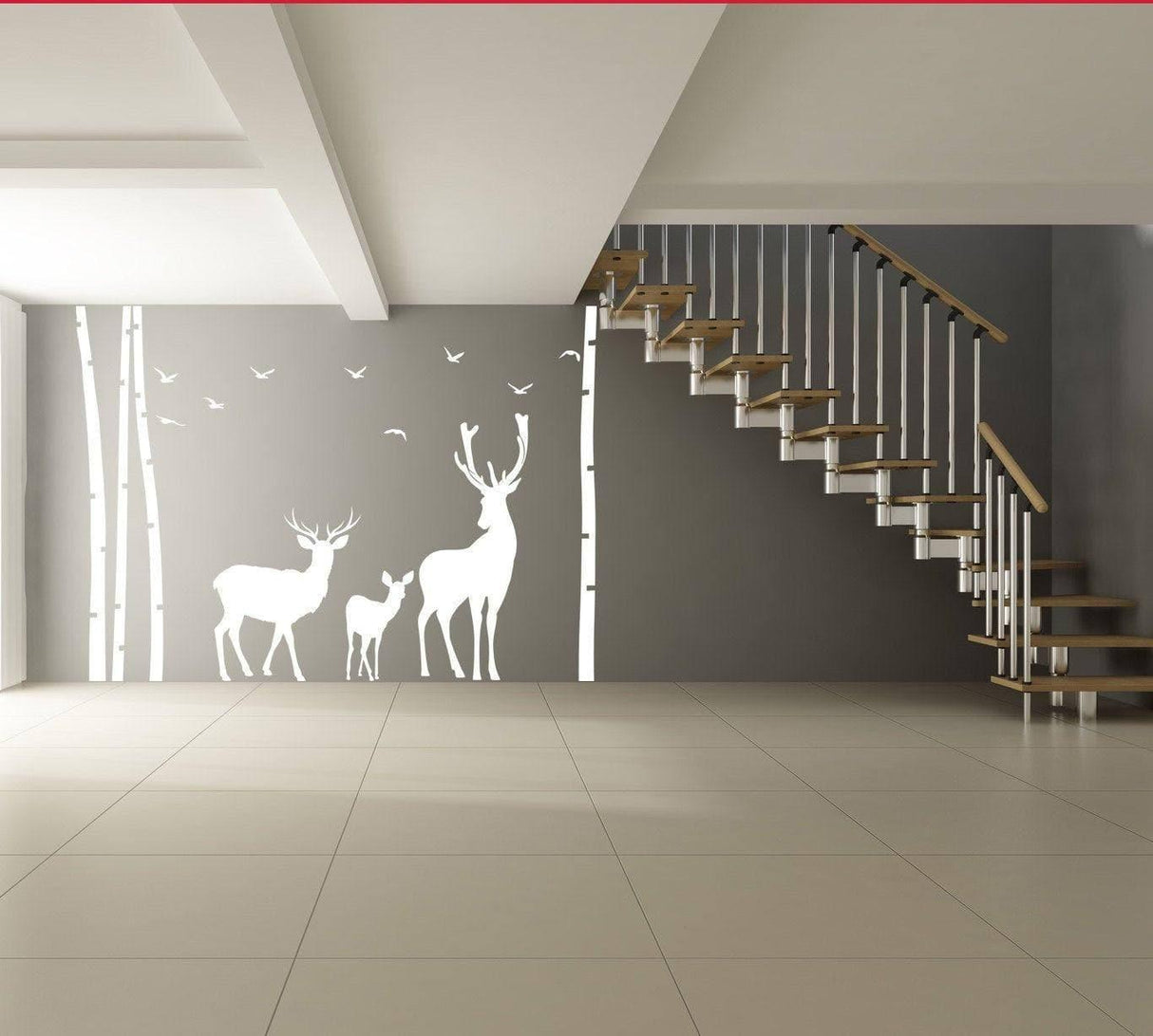 Nature-inspired deer wall decal in a modern interior, featuring trees and birds for a serene ambiance.