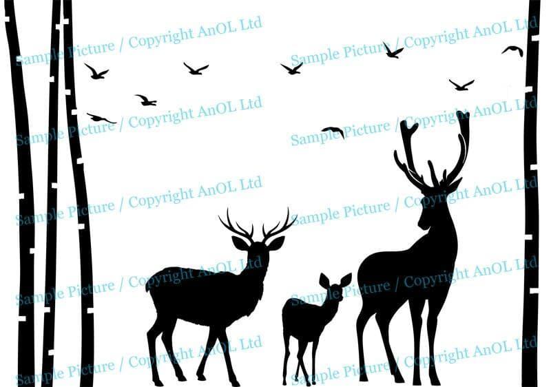 Silhouette of deer and a fawn among trees with birds flying, perfect for a nature-themed wall decal.