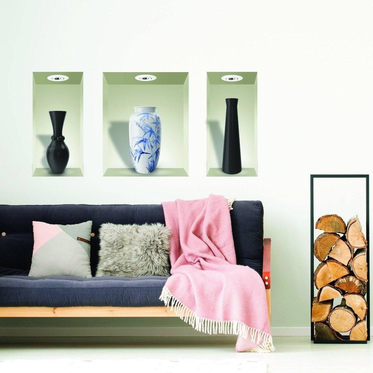 Elegant 3D floral wall decals featuring vases on a green wall, enhancing home decor with vibrant colors.