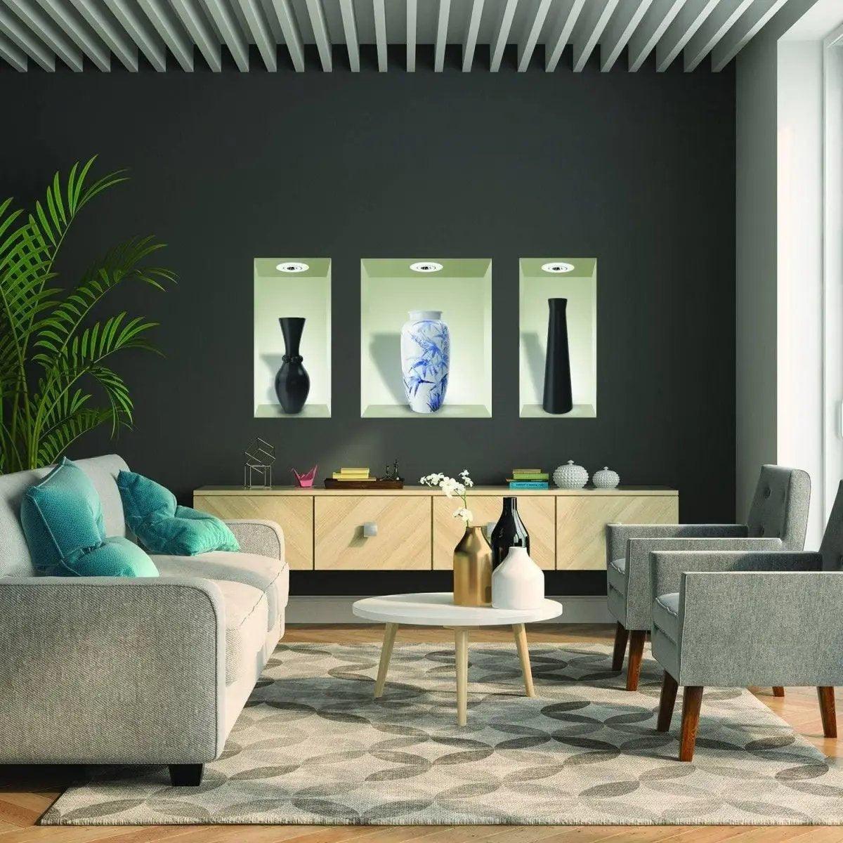 Stylish living room featuring modern vases and wall decor, perfect for enhancing home aesthetics.
