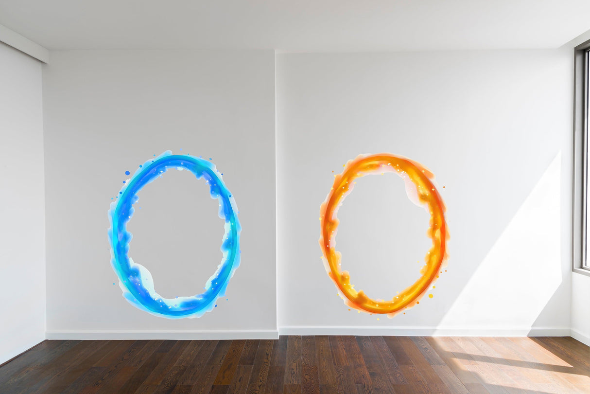 Blue and orange portal aura wall stickers on white walls for gamer room decor.