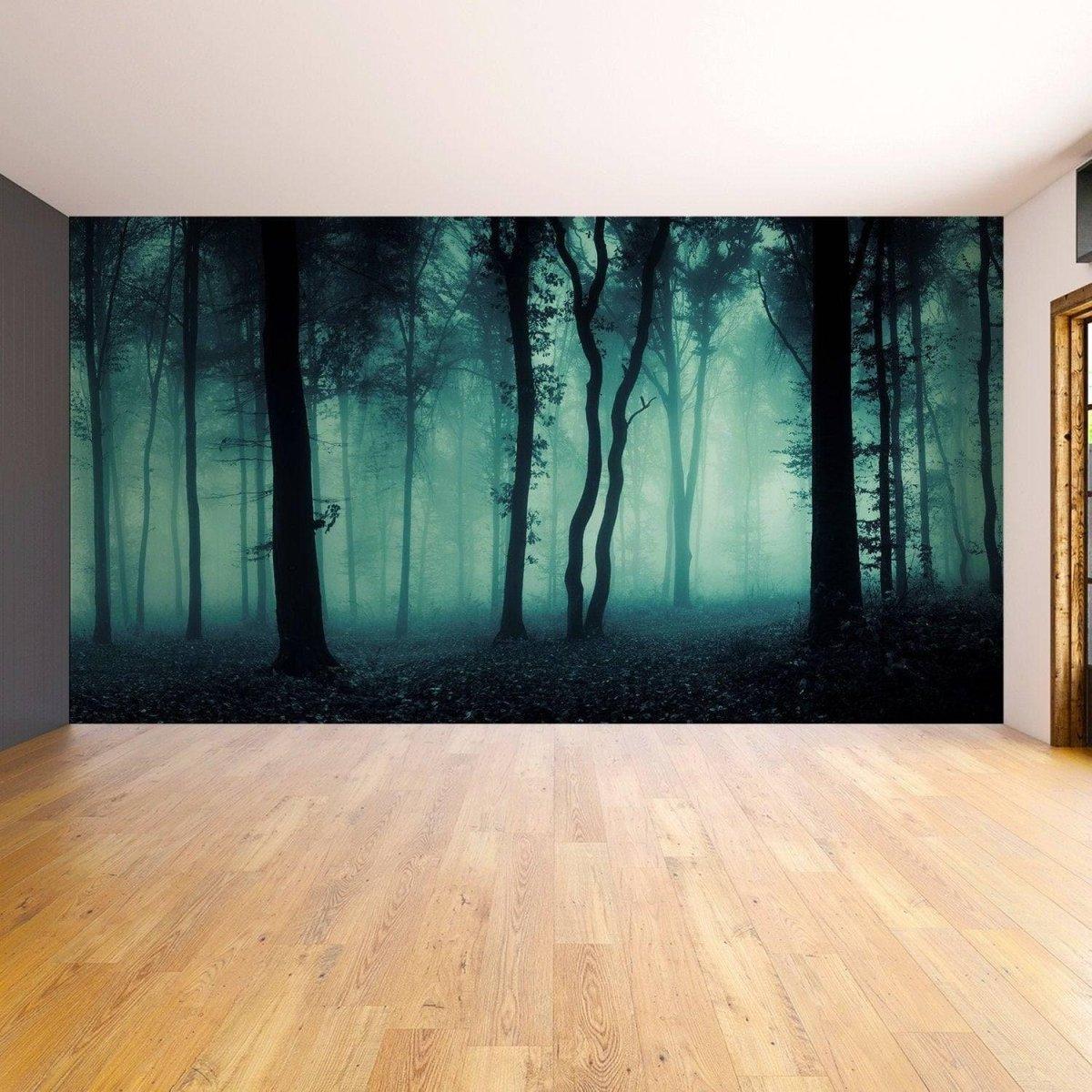 Dark forest wallpaper wall sticker creating an eerie atmosphere in a spacious room with wooden flooring.